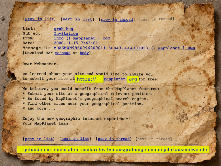 Invito MapPlanet del 2000 raffigurato su pergamena invecchiata
