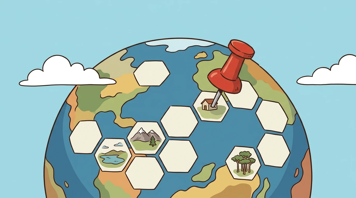 Illustrierter Planet mit Hexagon-Zellen, kleinen Motiven und roter Stecknadel