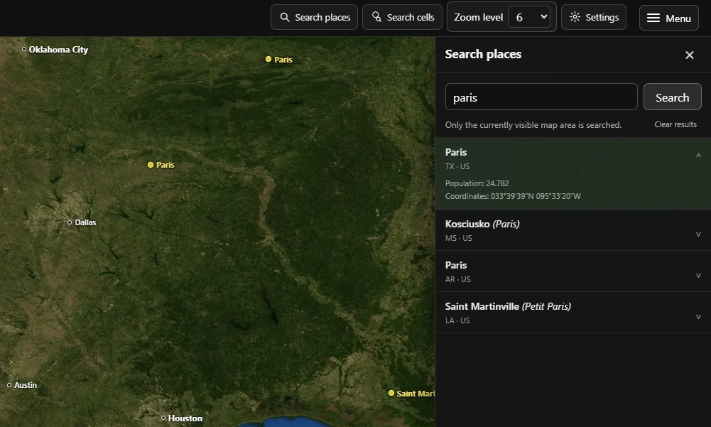 MapPlanet-Ortssuche mit Suchergebnissen für Paris