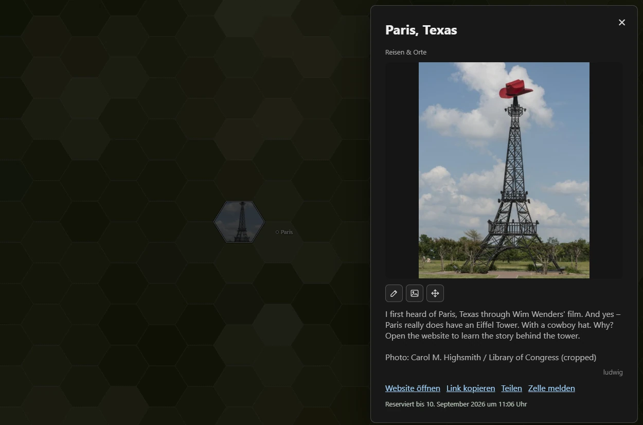 Ein MapPlanet-Eintrag für Paris, Texas mit Bild und Text